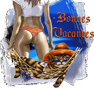 BONNES VACANCES:cmme vs le souhait ce chat cool hamac/ et fille maillot sr la plage��