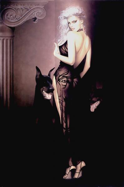 Photo N/B femm qui en donne sensuell,son chien veille sr elle et quel chien Noir!!blonde,robe noire transparente voil&eacute;e Sexy�� sr fond simple, visage regard beau Charmeur��  BONNE SOIREE  !!  plein de