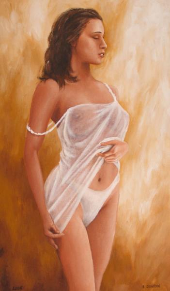 Sur fon �PeintureJauneBlancOrang&eacute; une blle femm pensive r&ecirc;ve elle a l'air Sereine, en tenue l&eacute;g&egrave;re transparent blanc,lingerie fine�sensuelle sexy et bien beau corps��l'amour elle pense &agrave; Cel