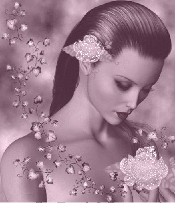 NetB cett photo d'une jeun femme beau visage,cheveux bien liss&eacute;s fleurs dns cheveux pense en regardant rose blanche,&eacute;paules d&eacute;nud&eacute;es elle est belle autout d cet branch de verdure noir blanc gris 