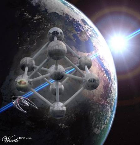 Original cet photo:des boules plan&egrave;tes Atomium, vaisseau tournent autour de ntre Terre le Globe la lune soleil &eacute;clair terre�et la nuit en fond Bell image!!qu'en pensez-vous??DOUCE SOIREE DOUX REV