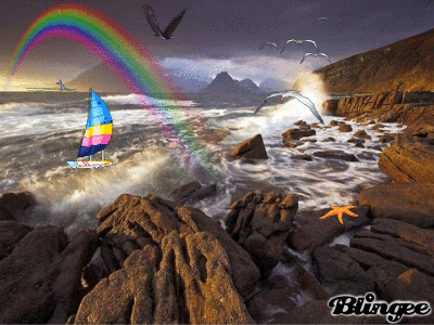 Paysage bien beau mer vagues agit&eacute;es se jettent sr rochers  montagnes au lin oiseau mouettes go&eacute;lands volent Bel arc en ciel un bateau virutel Etoiles de mer Ceil nuageux   le beau temps le soleil apr