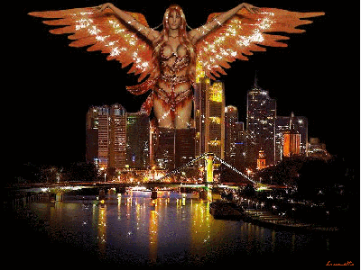 Sur fond gratt ciel,lumi&egrave;re,le fleuve la nuit la lune &eacute;toiles,une bell femmpe en tenue sensuell intime,ailes d'ange,veille sur la ville��Amour Tendresse Paix Lumi&egrave;re��image originale et qui flash