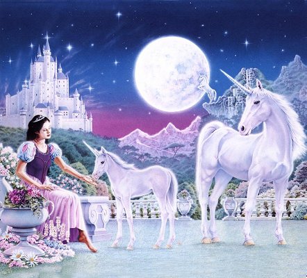 Image f&eacute;&eacute;rique,paysae verdure montagne un jardin fleurs et une belle femme avc son beau cheval blanc unautr cheval Licorn Le chateau les&eacute;toiles la lune &eacute;clairent tout ce site f&eacute;&eacute;rique et fait r&ecirc;ver � 