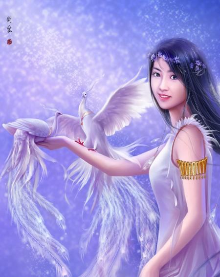 L'oncontinue dans la beaut&eacute; la transparence cette jeun fille superbe,beau visage yeux &agrave; craquer!!jollis cheveux noirs;habill&eacute;e de blanc,et c'est bien,&ccedil;a va bien avec  le bel oiseau qu'e