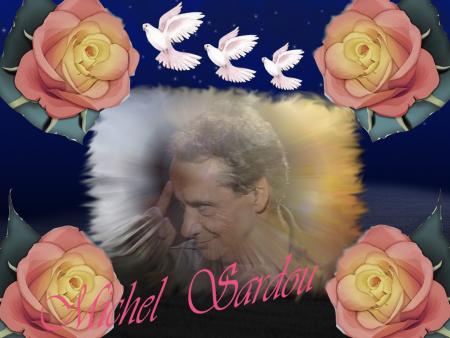 photo image Cr&eacute;a bien r&eacute;ussie de Michel sardou,sourie de profil, dans un coussin en transparenc!!des roses dans les angles,des mouettes blanches volent au-dessus de sa t&ecirc;teSous fond bleu,cette photo b