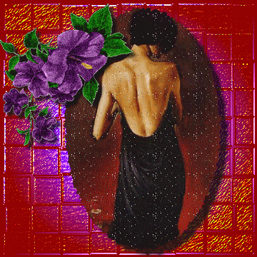 Fon carr&eacute; rouge mauve fleurs couleur lilasVerdure,dan un miroir,l'on voi de dos une femm bell cheveux courts noirs�un d&eacute;collet&eacute; de sa robe plutot &eacute;chancr&eacute; &agrave; l'arri&egrave;re,Noir Brille Plutot joli