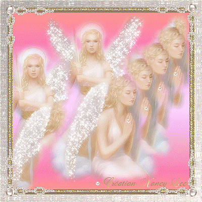 Image Douceur:Dns cadre blanc gris perles sous fond rose,de belles femmes F&eacute;es Anges,prient sont paisibles,pos&eacute;e,l'esprit l'&acirc;me le coeur &eacute;lev&eacute; vers le Divin ains que ces 2 femm derri&egrave;r avec 