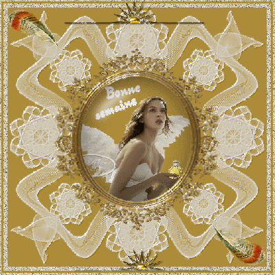 Cadre brillant Dentelle Festons blanc entour glace : l'on y voit jolie femme cheveux brillent et tient sn peti ami dns sa Main,un pti oiseau peut-etre��PrNsousSouhaiter Une BONNE SEMAINE �   a vs