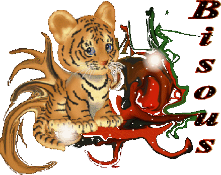 BONSOIR, Vs Souhaitant une bnne fin de soir&eacute;e Samedi,ns Voici Dimanche, comme ce petit lionceau, sur sa branche, une belle rose rouge,vs enoie  Plein de Bisous color&eacute; brillant Beaux tons de couleur�Ga