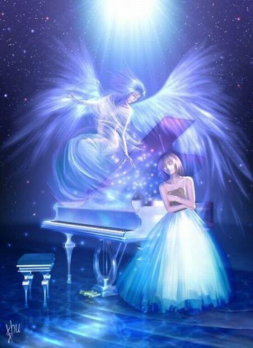 F&eacute;&eacute;rie R&ecirc;ve  Un ange  F&eacute;e  bien belle,  blanc  bleu un piano musique tout &ccedil;a  de la douceur �  pr apaiser esprit, mais l&agrave; faut commener la semaine, alors un pmeu de courage dynamisme, et l'on se 