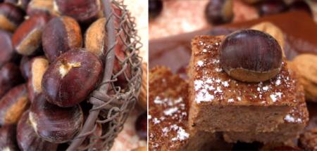 De saison Chataignes marrons, grill&eacute;s  sal&eacute;s ou sucr&eacute;s comme l&agrave; Gateau aux chataignes, bien app&eacute;tissant, c'est beau ce marron des chataignes belle couleur!et Pui c'est bon, vs les aimez??Rec