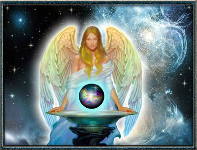 Bell fill Ange avec ses blles ailes robe bleu clair,douceur , dans grand coupe,la terre qu'elle Veille� nuit &eacute;toiles la lune brillent ,beau ciel bleu blanc noir �image douceur paix joie Foi Confi