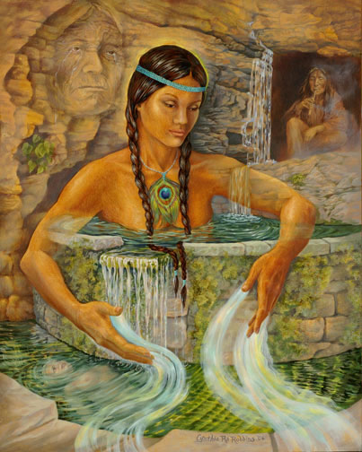 Bell jeun femme Am&eacute;rindienn dans son bain Baignoire de pierre,ext&eacute;rieur l'eau coule fraiche, c'est beau &agrave; voir, et &ccedil;a fait du bien, bienfait dans le coeur l'esprit, et rafraichit � Id&eacute;e