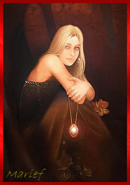 Sous fond marron un rideau:une belle femme l&agrave; adoss&eacute;e,blonde,Pensive,visage fin et doux�en Marron elle aussi,et c'est fort joli,tient une chaine,avec au bout un pendentif  une perle au milieu�Bri