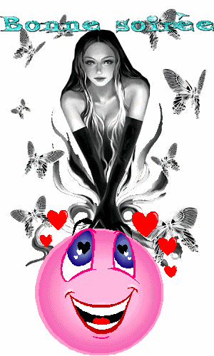 BONSOIR �Marrant cette t&ecirc;te souriant gaie�et une femm bell y est dessus, Coeurs Papillons, pr Ns Souhaiter une BONNE SOIREE  � Couleurs  amusant �soir&eacute;e gaie &agrave; ts ttes �  Amiti&eacute;s   bisous  marie-andr&eacute;