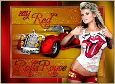 Cadre Rouge dor&eacute;/une voiture RollsRoyceRouge: comm cett femme blond,tee shirt motif pluto original marrant�,mini short,visage aux yeux beaux en disen long�Sensuelle sexy/ amour�Voiture Femme �tout cel