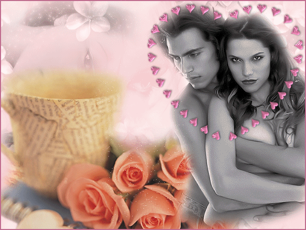 Dans Coeur RosePtitCoeurs:un couple l'on voit &agrave; moiti&eacute; NoirBlanc, dns leur itimit&eacute;,s'aime se d&eacute;sire� ont leurs coeurs li&eacute;s l'un &agrave; l'autre�Roses couleur Saumon brillent,joli vase Ha