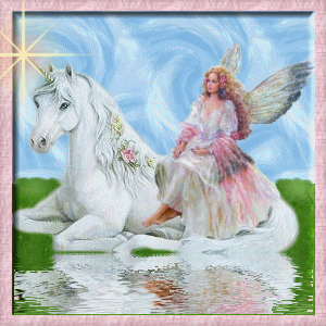 Image f&eacute;&eacute;rique, joie et apaise le corps  l'esprit,  l'&acirc;me, le mental, revivifie, avec la rivi&egrave;re,la verdure, beau cheval licorne et Lumi&egrave;re,belle femm Ange ��