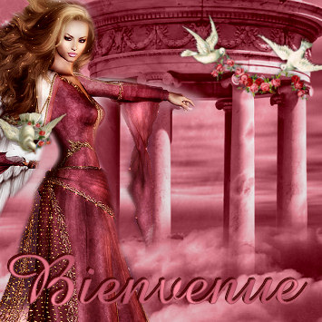 Des colonnes, une tour,des oiseaux, tiennent branche de fleurs, sous fond rose,une belle jeun femme,v&ecirc;tue de long robe rose,brillant tr&egrave;s beaux cheveux,vs Souhaite La Bienvenue,une bell colombe blanch