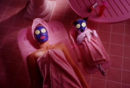 Une femme fait son masque de peau visage, et le chien son compagnon en fait autant !! RIGOLO Amusant !!rose tout est d'harmonie et marrant &agrave; la fois!! qu'en pensez-vous???