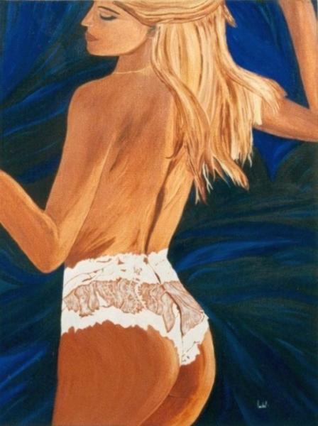 Belle femm de dos et profil,  fait penser &agrave;  PEINTURE, lingerie blanche fine, attirante, sexy� blonde Intimit&eacute; Amour Passion Tendresse&&