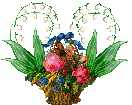 Voici de bouquet de fleurs color&eacute;s Verdure,rose blancGerbe,dns belle corbeille en osier Un papillon vole vole!!pr venir vs DIre BONJOUR ET   BON  MERCREDI �� Bisous  A ce soir &&