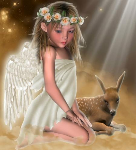 Douceur cette petite fille ange, en blancs une couronne fleurie sr ses cheveux, bien accommpagn&eacute;  de la nature   bel animal &agrave; c&ocirc;t&eacute; d'elle � lumi&egrave;re rayon blanc l'&eacute;claire et Ns Eclaire Nos Co