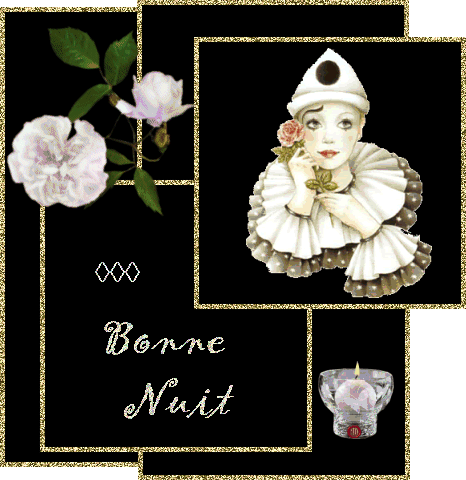 Cadre Fond Noir Fleurs Bougies une belle fille Arlequin vient ns souhaiter UNE BONNE NUIT �Original et jolie Cr&eacute;a�� j'aim bien les arlequins ��DOUCE NUIT  BEAUX REVES &&