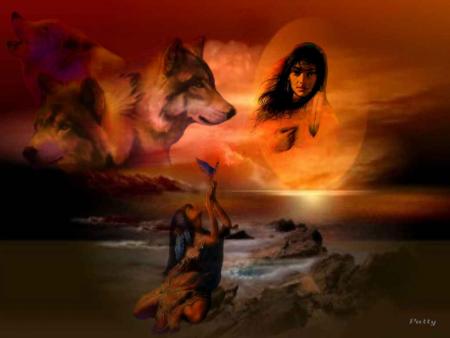 .    Coucher de soleil,  une am&eacute;rindienne  fait voler son oiseau, un chien beau  Veille,la mer   un portrait d'une Am&eacute;rindienne,dns le ciel Orang&eacute; ,rose noir gris, Couleurs�image riche en couleur