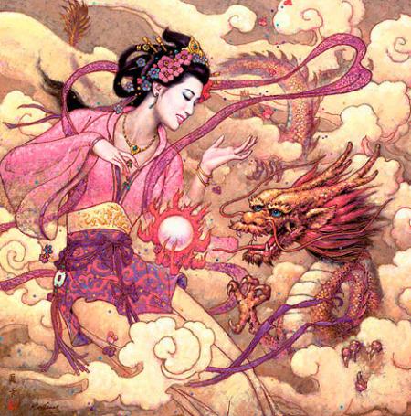 Image f&eacute;&eacute;rie:et c'est sur fond de Chine:une belle chinoise robe vleurs, couleurs douces, et  un dragon, &ccedil;a la fait sourire, mais moi &ccedil;a m'angoiss un peu, cet animal!! Et Vous??sinon l'i