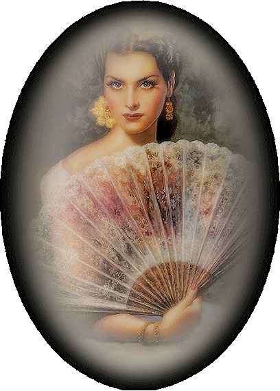 Femme visage beau superbe,fait penser &agrave; une espagnole,boucles d'oreille brillent,tient Eventail scintille blancCouleurs�Photo d'on l'on peut qu'Admirer��BONNE AGREABLE VISITE� A DE