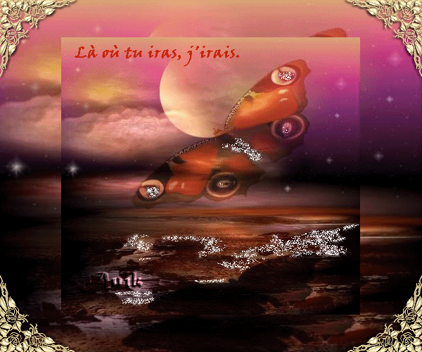 La mer, Beau ciel tons couleurs mauve ros&eacute;e orange,un papillon brille  l'ile brille de mil feux, Citation qui me plait est belle et bien vrai : pr Celui que j'aime: La ou tu iras j'irai