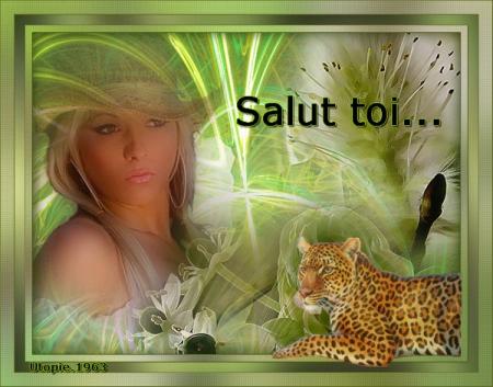 Avec ce beau l&eacute;opard, fille bien jolie pensive  et qui dit  Bonjour  A qui? Salut Toi, Pense t elle !!!!beau vert verdure� 