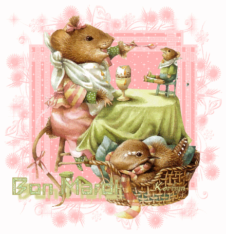AMUSANT et mimi cette image,des souris à table,un bel oiseau dnssa Corbeillebelles couleurs doucesEt Vs Souhaite,ainsi que moi-même, un BON MARDIUne belle Nuit Doux Rêves, en attendant que le jour