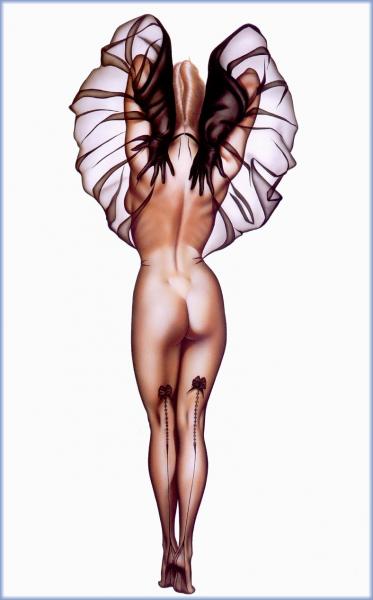 De dos,bel ange F&eacute;minin dans son Intimit&eacute;, et ses Ailes Blanches qu'elle rel&egrave;ve, tatouage tiges Roses dos de ss jambes,&ccedil;a fait penser Collants�Beaut&eacute; De la femme, du tatouage �Beaut&eacute; de L'in