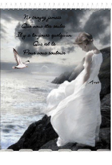 Bell photo N/B belle femme r&ecirc;ve regard la mer agit&eacute;e sur rochers,oiseau vole prot&egrave;ge �belle phrase,non l'on se croit seul, mais en r&eacute;alit&eacute; il y a tjours une Main tendue, Une Ecoute Pr ns Ecouter 