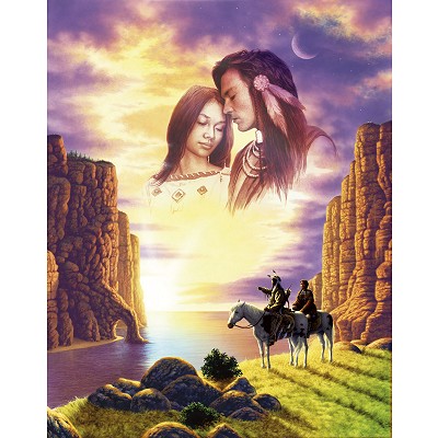 Couple de 2jeunes Am&eacute;rindiens, reflet dns le ciel, L'eau, un autr couple &agrave; cheval, Dansla Nature Belle image, couleurs, et chaleurs humaine!!on ressent l'amour la joie la Beaut&eacute; �en regardan