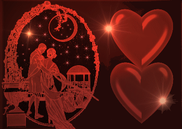 . AGREABLE NUIT  . L'image s'y porte bien,  Romantic  ce couple,  les &eacute;toiles scintillent   la lune brille,  dans ce  joli cercle  Orange  Noir  Ces Coeurs brillent, j'aim ce contrast d