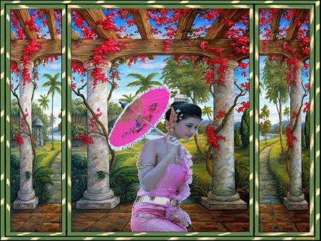 uNE JOLIE Femme japonnaise, au bord de sa terrasse,fleurie superbement  ce rose est magnifique� Verdure Fraicheur, elle est belle avc son ombrelle  Douceur Harmonie��