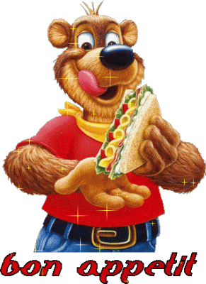 C'est l'heur de manger : Oui BON AP!!  comme vs le souhaite  ce chien si  adorable et marrant!! avc son sandwich  imposant  et beau  � Etoiles Rires�  &&