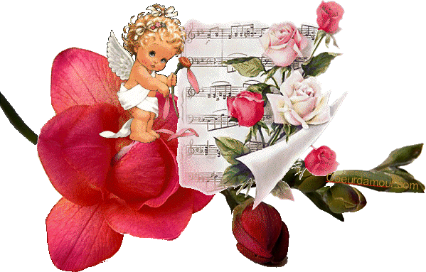Un ange b&eacute;b&eacute; tien partition de musique sur belle rose  rose et d'autr fleurs verdure, douceur tendresse, cela m'apaise et me donne joie dns le coeur �Ressource donne paix lumi&egrave;re coeur ame, 