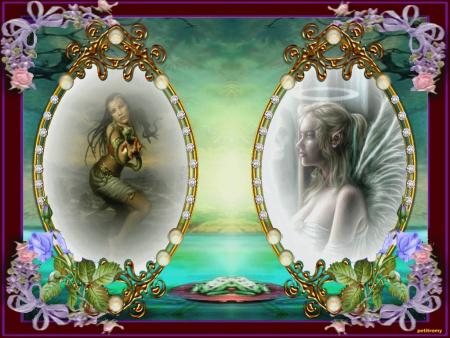 Il y a plus qu'a Admirer : r&ecirc;ve f&eacute;&eacute;rie,  diff&eacute;rence entre les 2 jeunes femmes,mais beaut&eacute; ttes 2; fleurs  beaux miroirs �� &ccedil;a me fait penser une: plus coquine,  l'autre  : plus Ange � Compar