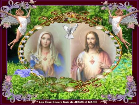 Anges  Tableau cadre fleuri:  2 Coeurs Unis  J&eacute;sus et Marie �   L'humanit&eacute;  la vie  � Belle image  verdure  espoir Amour lumi&egrave;re Paix Esp&eacute;rance � Joie Force �