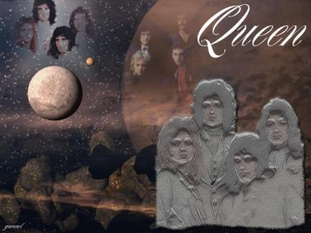 Cr&eacute;a Original  Statue  Espace, la Pierre ; Etoile la Terre,   Lune, pr  Montrer le Groupe Musical   QUEEN ��&
