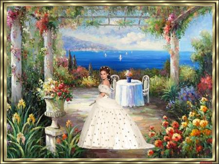 Belle terrasse ffleurie  Convivial,bord de mer  colline  paysage superbe  beau bleu  de  la mer � bateau,et une belle jeun femme Romantic!Me fait penser &agrave; la C&eacute;l&egrave;bre SISSI !!C'est tllement beau c