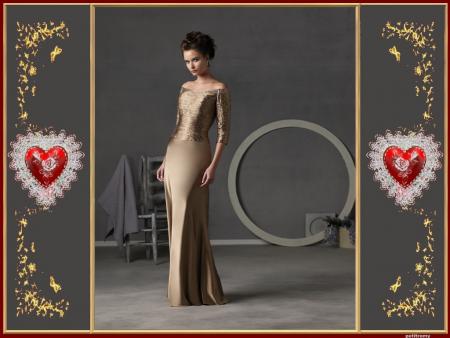 Ravissant cette jeun femme, robe cr&egrave;me simple  mais  belle, par son charme  satin en haut brille,  et style qui lui va  bien��  Beau cadre  Coeurs rougeBlanc  Dentelle  Fleurs festons &&