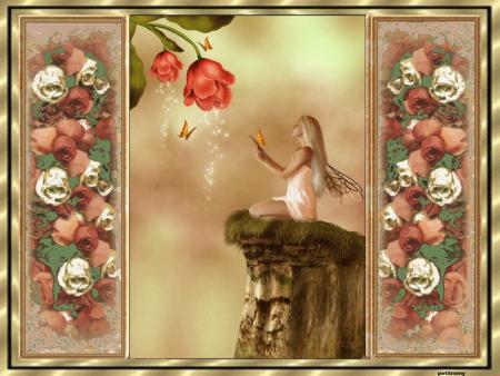 Cadre dor&eacute; fleurs, une belle femm ange sur le rocher  papillon &agrave; la main, en complicit&eacute; avec nature, une belle fleur &eacute;close vient  l'embaumer  d'odeurs parfum&eacute;es,Belle couleurs douceur apais