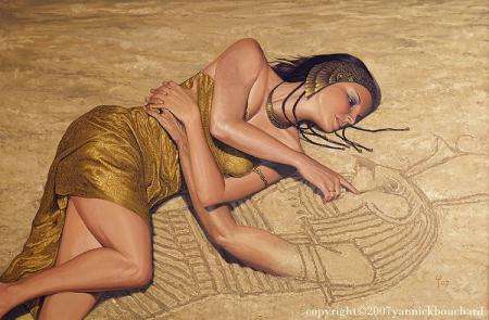 Bell femm robe dor&eacute; bien &eacute;chancr&eacute;,style Egyptienne, allong&eacute; sur sol  faisant penser &agrave; ce beau pays l'Egypte les Pharaons,et carresse ce dessin avec nostalgie  et amour  pr ce pays beau par sa cul