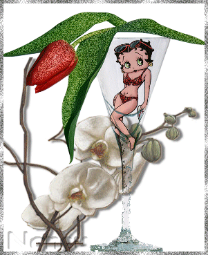 Betty boops en belle lingerie fine rouge sexy, dans un verre  , com du champagne et des fleurs, &ccedil;a p&eacute;tille, oui elle p&eacute;tille com du champagne, humour  charme  beaut&eacute;  et tendresse et amour�Bizz  &&